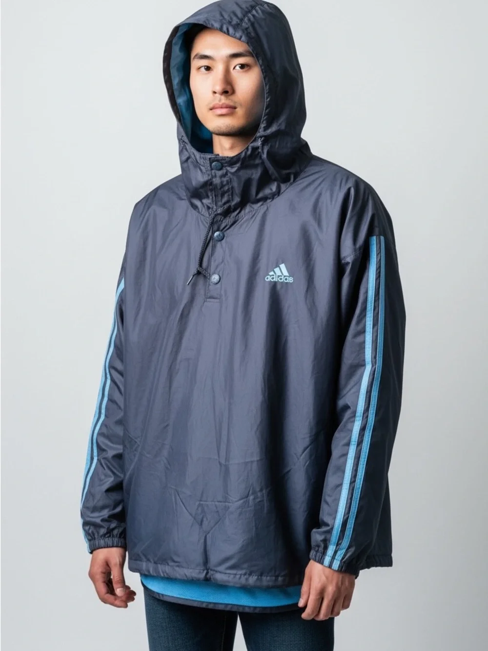 adidas Men's Black & Blue Hooded Windbreaker Jacket